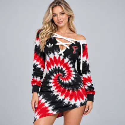 Texas Tech Red Raiders | Premium NCAA Women's Tie Dye Off Shoulder Lace Up V Neck Long Sleeve Mini Dress NDN