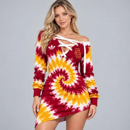 Usc Trojans | Premium NCAA Women's Tie Dye Off Shoulder Lace Up V Neck Long Sleeve Mini Dress NDN