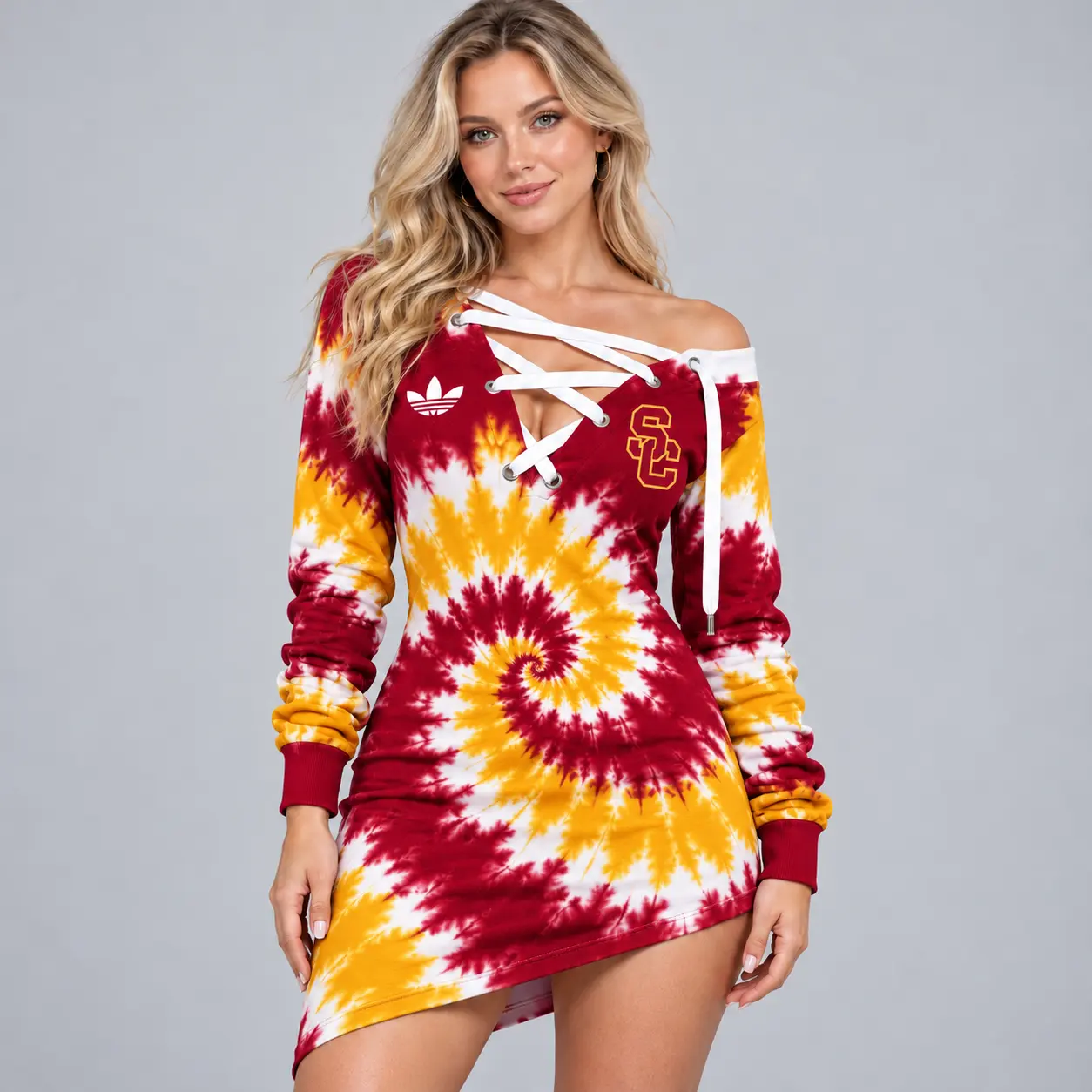 Usc Trojans | Premium NCAA Women's Tie Dye Off Shoulder Lace Up V Neck Long Sleeve Mini Dress NDN
