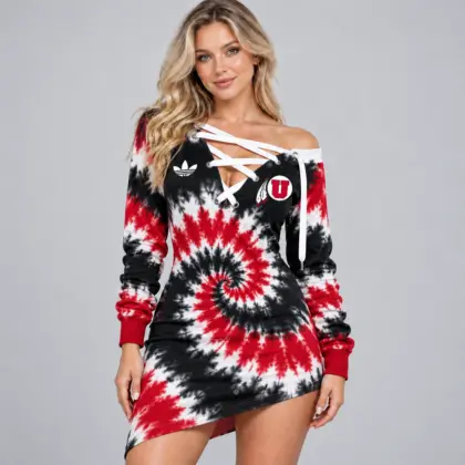 Utah Utes | Premium NCAA Women's Tie Dye Off Shoulder Lace Up V Neck Long Sleeve Mini Dress NDN