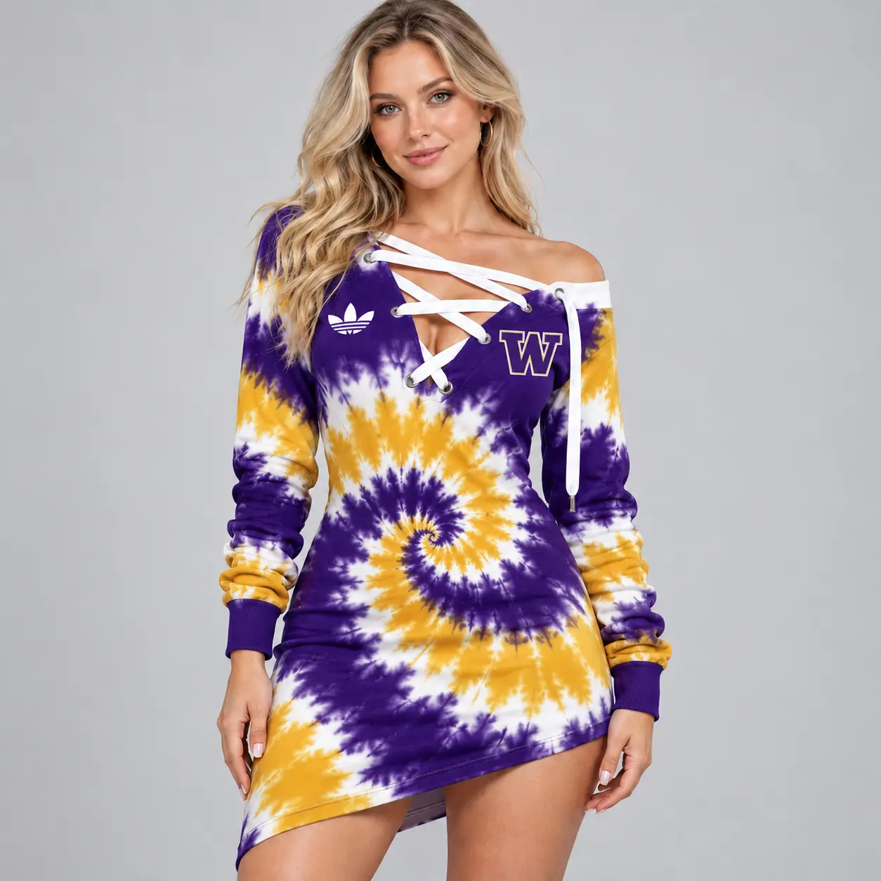 Washington Huskies | Premium NCAA Women's Tie Dye Off Shoulder Lace Up V Neck Long Sleeve Mini Dress NDN