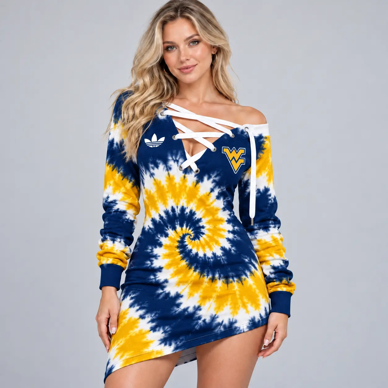 West Virginia Mountaineers | Premium NCAA Women's Tie Dye Off Shoulder Lace Up V Neck Long Sleeve Mini Dress NDN