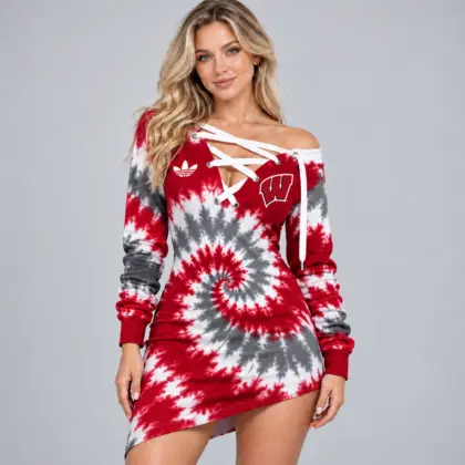 Wisconsin Badgers | Premium NCAA Women's Tie Dye Off Shoulder Lace Up V Neck Long Sleeve Mini Dress NDN
