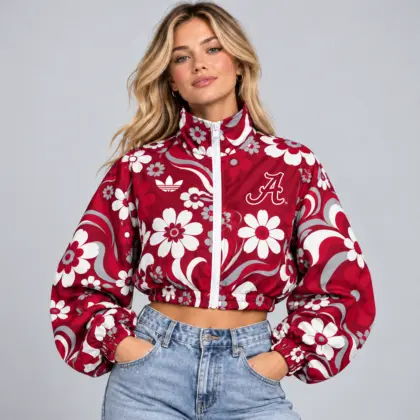 Alabama Crimson Tide | Premium NCAA Women's Retro Floral Print Zip Up Cropped Windbreaker Jacket Long Sleeve Casual Fashion NDN