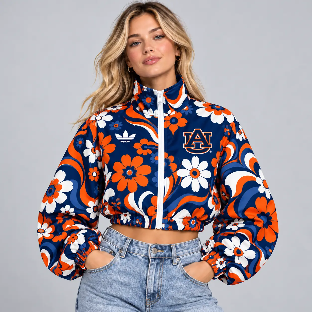 Auburn Tigers | Premium NCAA Women's Retro Floral Print Zip Up Cropped Windbreaker Jacket Long Sleeve Casual Fashion NDN
