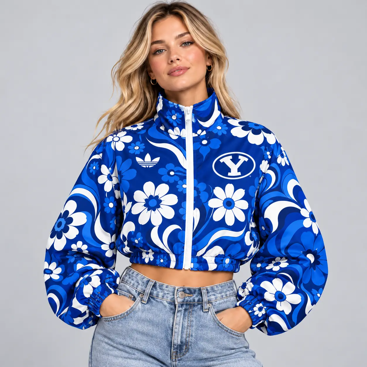 Byu Cougars | Premium NCAA Women's Retro Floral Print Zip Up Cropped Windbreaker Jacket Long Sleeve Casual Fashion NDN