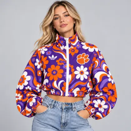 Clemson Tigers | Premium NCAA Women's Retro Floral Print Zip Up Cropped Windbreaker Jacket Long Sleeve Casual Fashion NDN