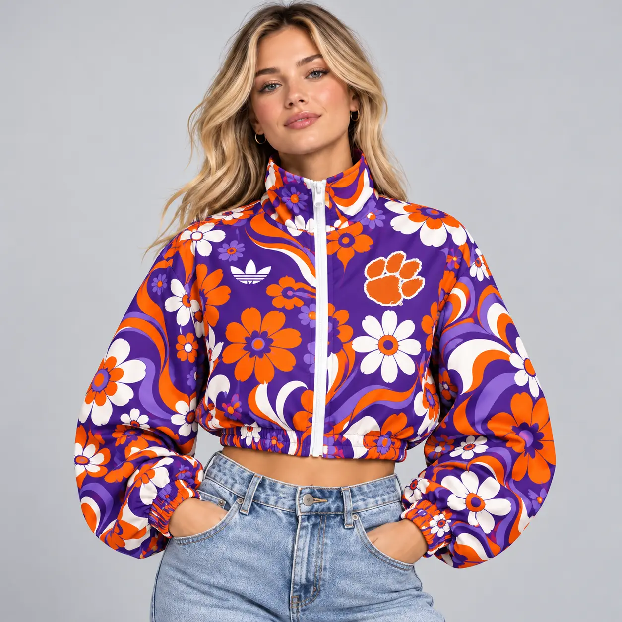 Clemson Tigers | Premium NCAA Women's Retro Floral Print Zip Up Cropped Windbreaker Jacket Long Sleeve Casual Fashion NDN