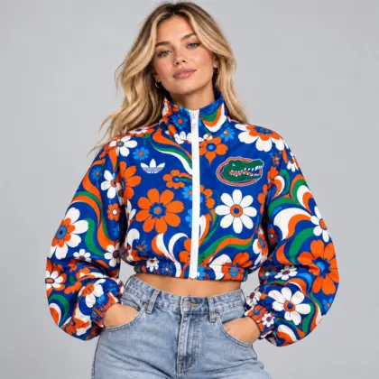 Florida Gators | Premium NCAA Women's Retro Floral Print Zip Up Cropped Windbreaker Jacket Long Sleeve Casual Fashion NDN
