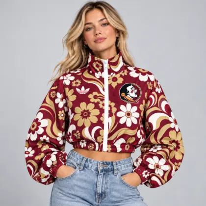 Florida State Seminoles | Premium NCAA Women's Retro Floral Print Zip Up Cropped Windbreaker Jacket Long Sleeve Casual Fashion NDN