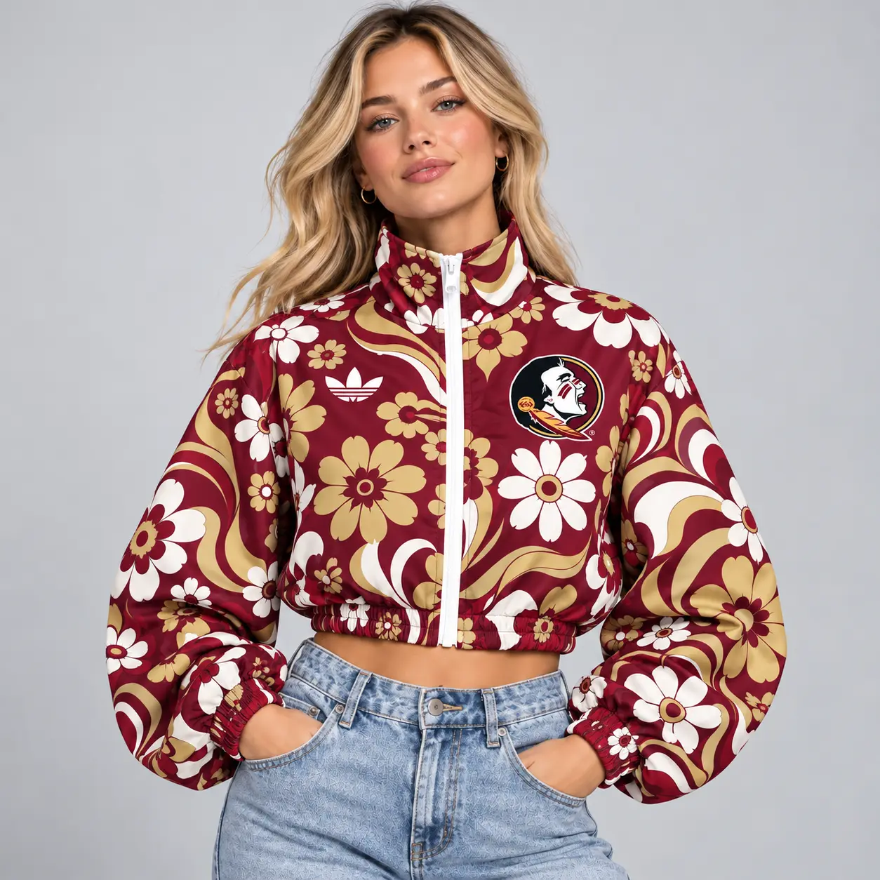 Florida State Seminoles | Premium NCAA Women's Retro Floral Print Zip Up Cropped Windbreaker Jacket Long Sleeve Casual Fashion NDN