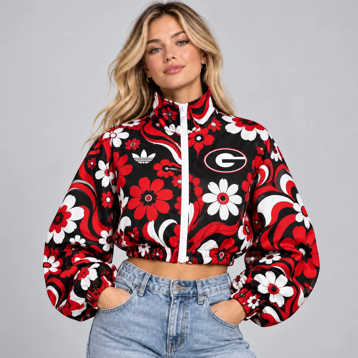 Georgia Bulldogs | Premium NCAA Women's Retro Floral Print Zip Up Cropped Windbreaker Jacket Long Sleeve Casual Fashion NDN