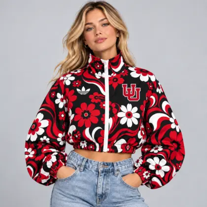 Houston Cougars | Premium NCAA Women's Retro Floral Print Zip Up Cropped Windbreaker Jacket Long Sleeve Casual Fashion NDN