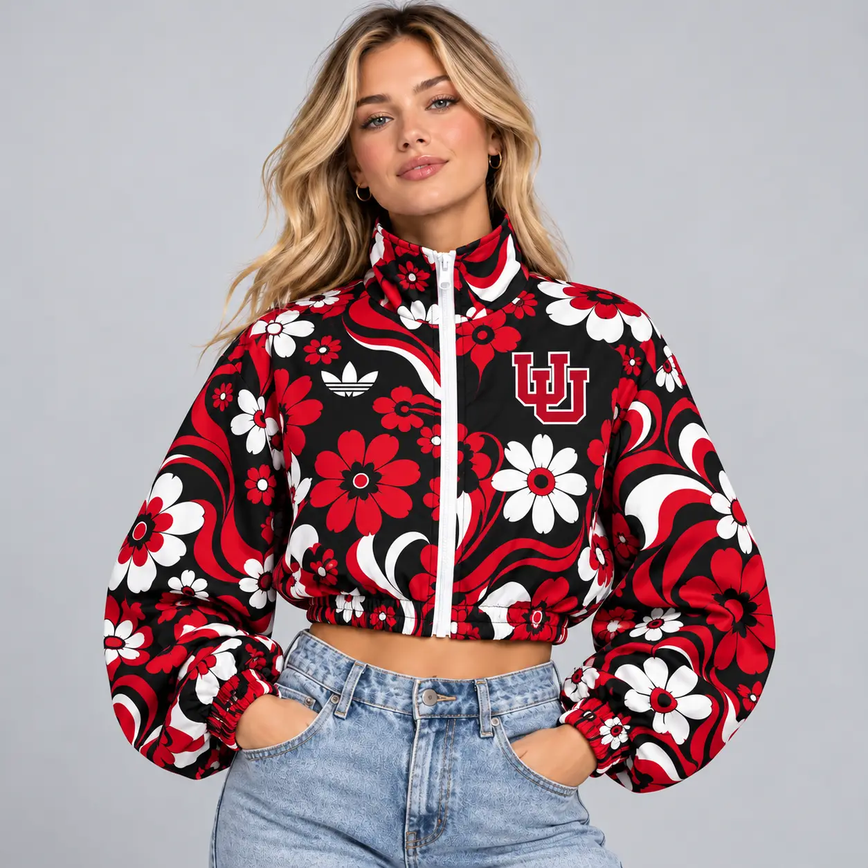 Houston Cougars | Premium NCAA Women's Retro Floral Print Zip Up Cropped Windbreaker Jacket Long Sleeve Casual Fashion NDN
