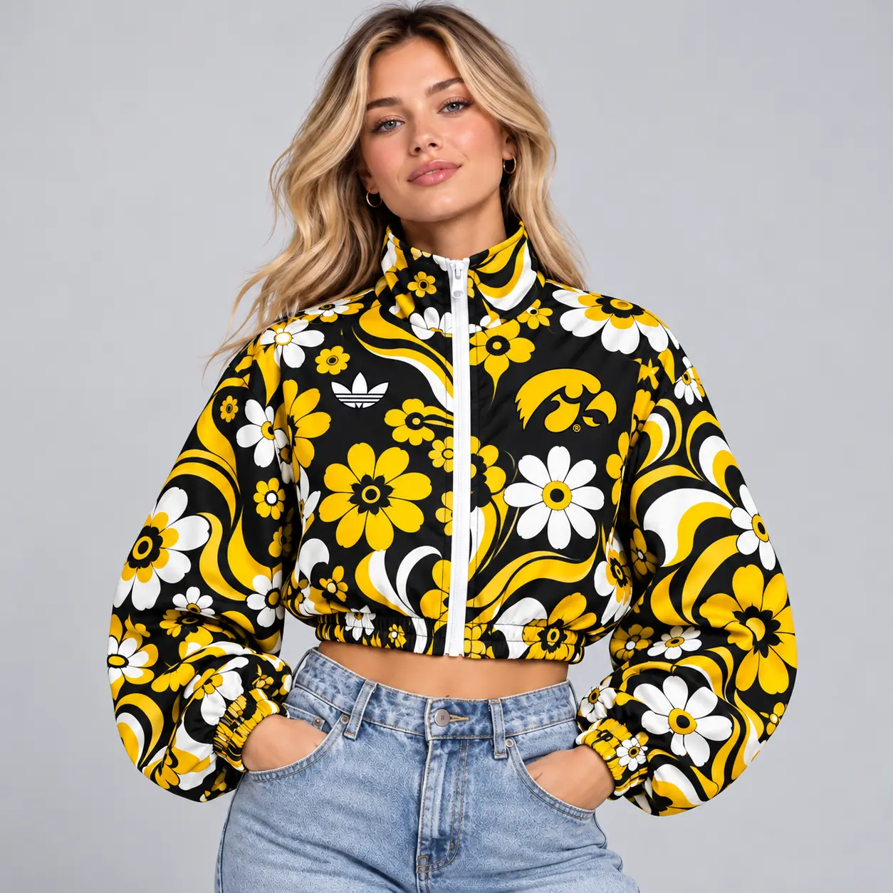 Iowa Hawkeyes | Premium NCAA Women's Retro Floral Print Zip Up Cropped Windbreaker Jacket Long Sleeve Casual Fashion NDN