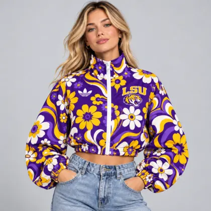 Lsu Tigers | Premium NCAA Women's Retro Floral Print Zip Up Cropped Windbreaker Jacket Long Sleeve Casual Fashion NDN