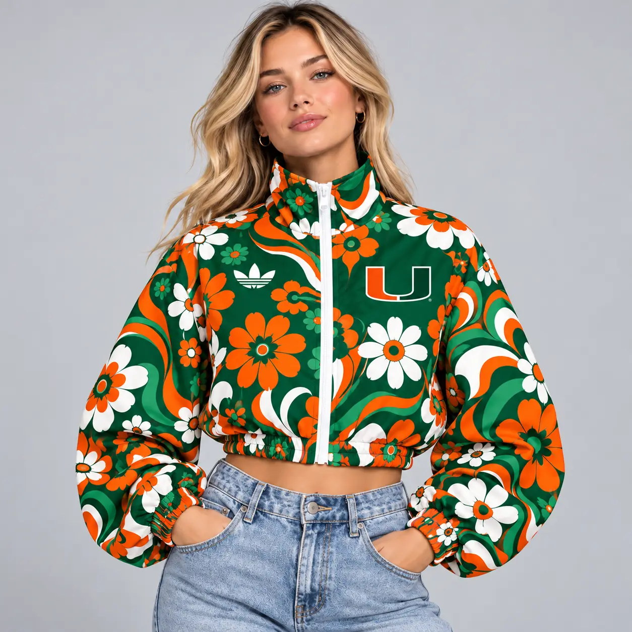 Miami Hurricanes | Premium NCAA Women's Retro Floral Print Zip Up Cropped Windbreaker Jacket Long Sleeve Casual Fashion NDN