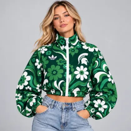 Michigan State Spartans | Premium NCAA Women's Retro Floral Print Zip Up Cropped Windbreaker Jacket Long Sleeve Casual Fashion NDN