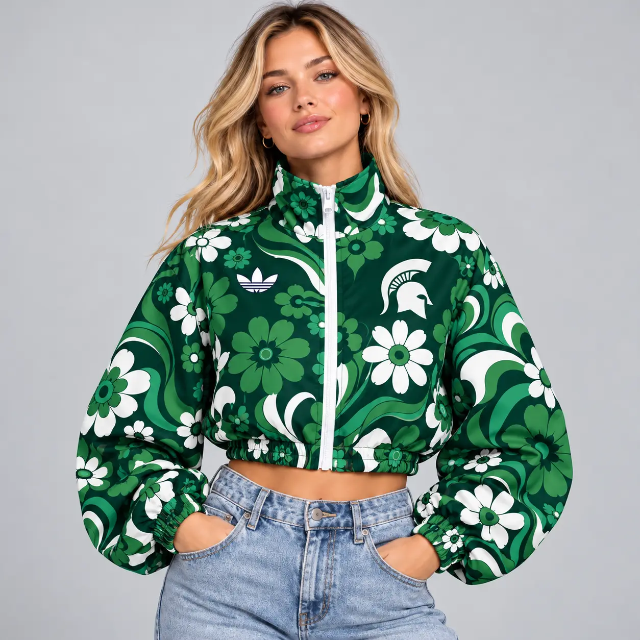 Michigan State Spartans | Premium NCAA Women's Retro Floral Print Zip Up Cropped Windbreaker Jacket Long Sleeve Casual Fashion NDN
