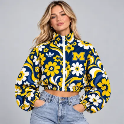 Michigan Wolverines | Premium NCAA Women's Retro Floral Print Zip Up Cropped Windbreaker Jacket Long Sleeve Casual Fashion NDN
