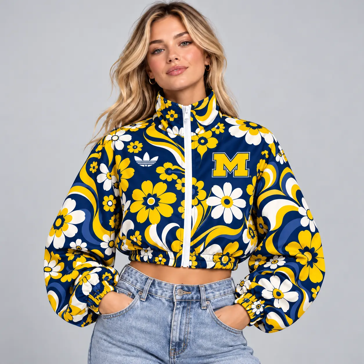 Michigan Wolverines | Premium NCAA Women's Retro Floral Print Zip Up Cropped Windbreaker Jacket Long Sleeve Casual Fashion NDN