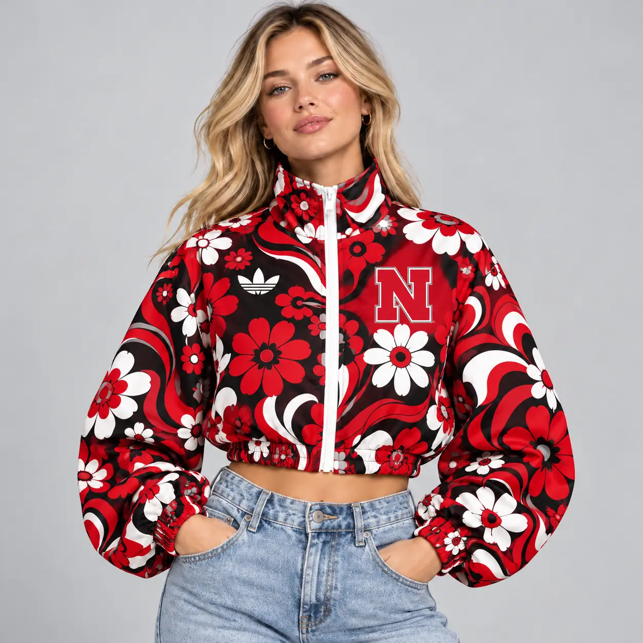 Nebraska Cornhuskers | Premium NCAA Women's Retro Floral Print Zip Up Cropped Windbreaker Jacket Long Sleeve Casual Fashion NDN