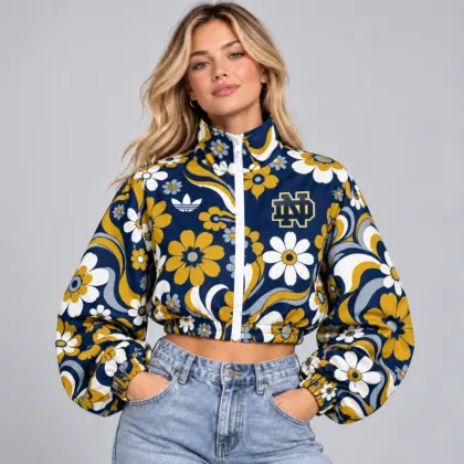 Notre Dame Fighting Irish | Premium NCAA Women's Retro Floral Print Zip Up Cropped Windbreaker Jacket Long Sleeve Casual Fashion NDN