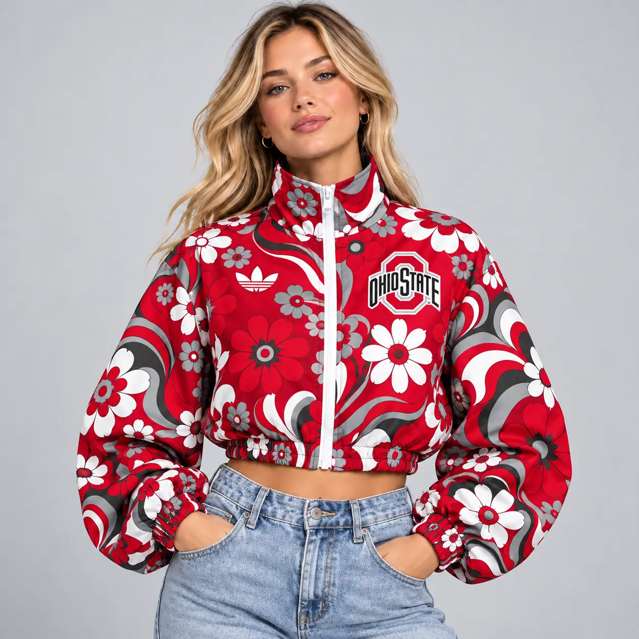 Ohio State Buckeyes | Premium NCAA Women's Retro Floral Print Zip Up Cropped Windbreaker Jacket Long Sleeve Casual Fashion NDN
