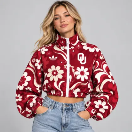 Oklahoma Sooners | Premium NCAA Women's Retro Floral Print Zip Up Cropped Windbreaker Jacket Long Sleeve Casual Fashion NDN
