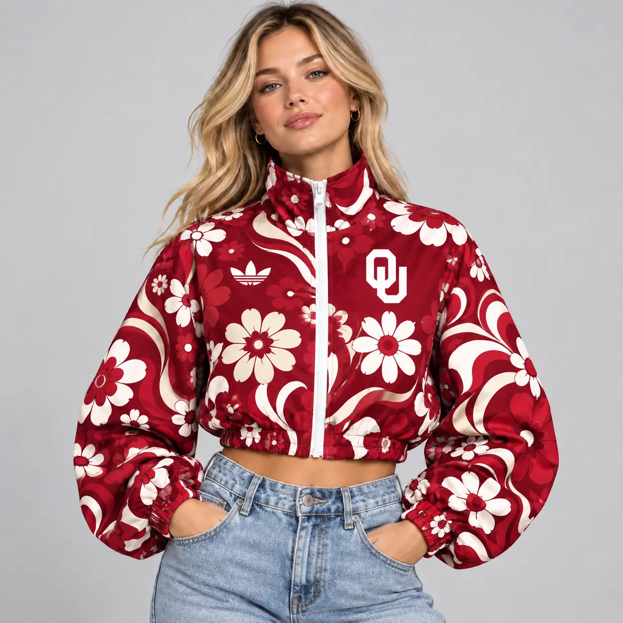 Oklahoma Sooners | Premium NCAA Women's Retro Floral Print Zip Up Cropped Windbreaker Jacket Long Sleeve Casual Fashion NDN