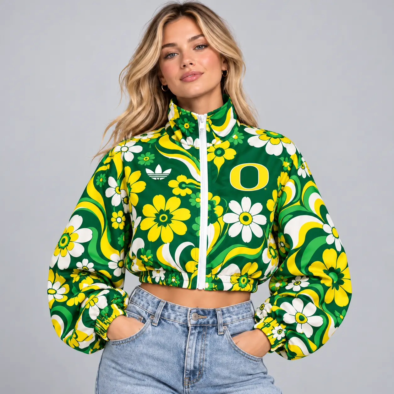 Oregon Ducks | Premium NCAA Women's Retro Floral Print Zip Up Cropped Windbreaker Jacket Long Sleeve Casual Fashion NDN