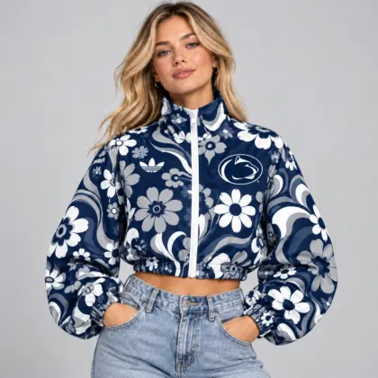 Penn State Nittany Lions | Premium NCAA Women's Retro Floral Print Zip Up Cropped Windbreaker Jacket Long Sleeve Casual Fashion NDN