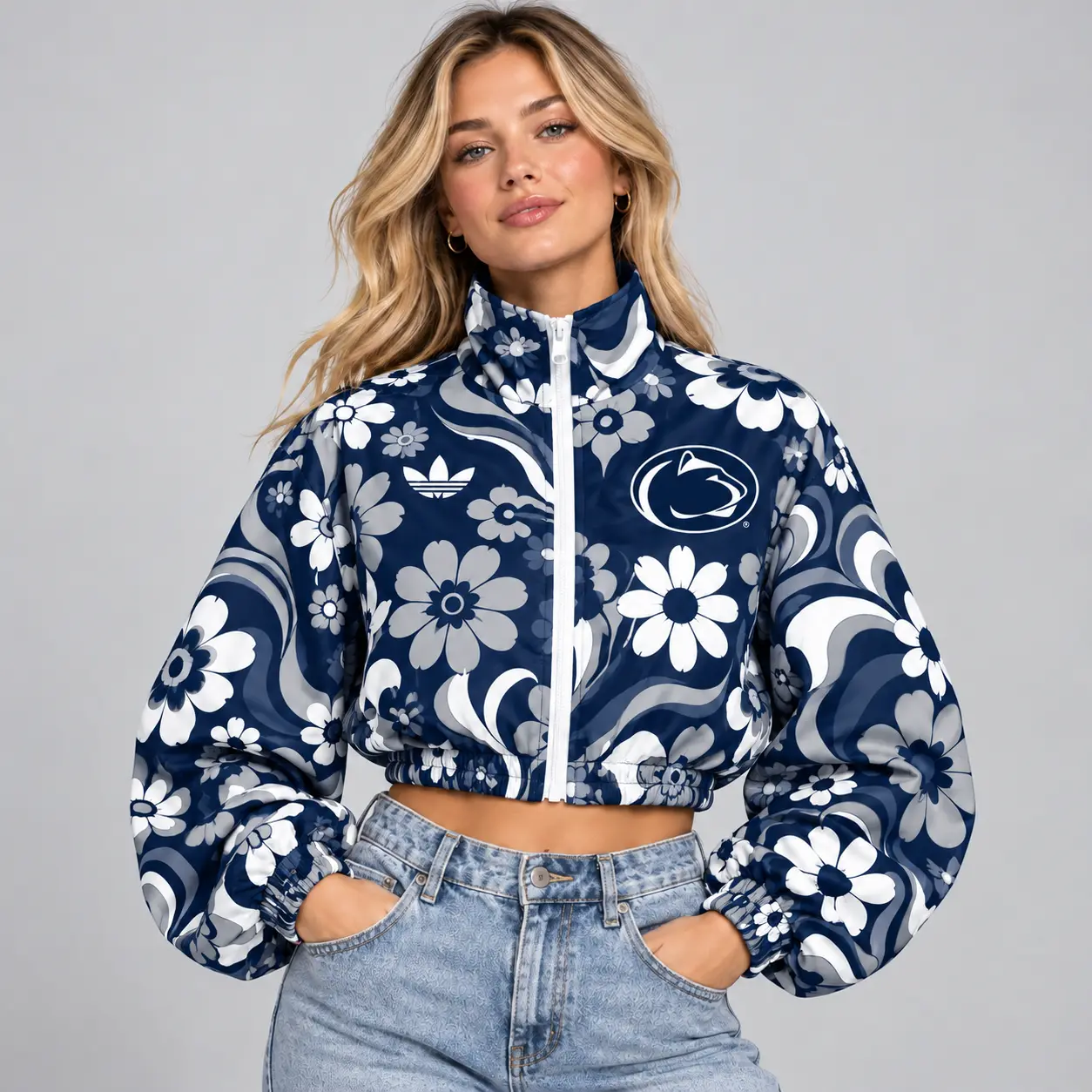 Penn State Nittany Lions | Premium NCAA Women's Retro Floral Print Zip Up Cropped Windbreaker Jacket Long Sleeve Casual Fashion NDN