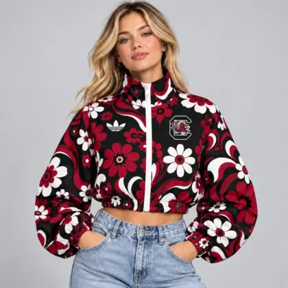 South Carolina Gamecocks | Premium NCAA Women's Retro Floral Print Zip Up Cropped Windbreaker Jacket Long Sleeve Casual Fashion NDN