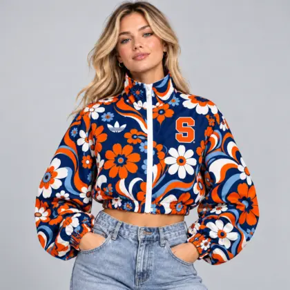 Syracuse Orange | Premium NCAA Women's Retro Floral Print Zip Up Cropped Windbreaker Jacket Long Sleeve Casual Fashion NDN