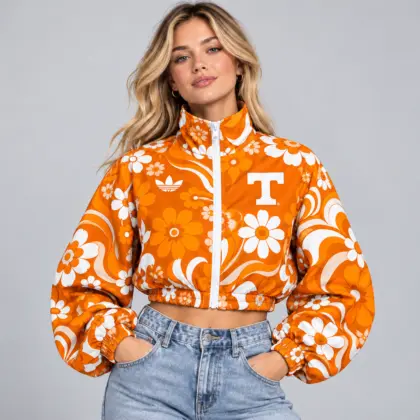 Tennessee Volunteers | Premium NCAA Women's Retro Floral Print Zip Up Cropped Windbreaker Jacket Long Sleeve Casual Fashion NDN