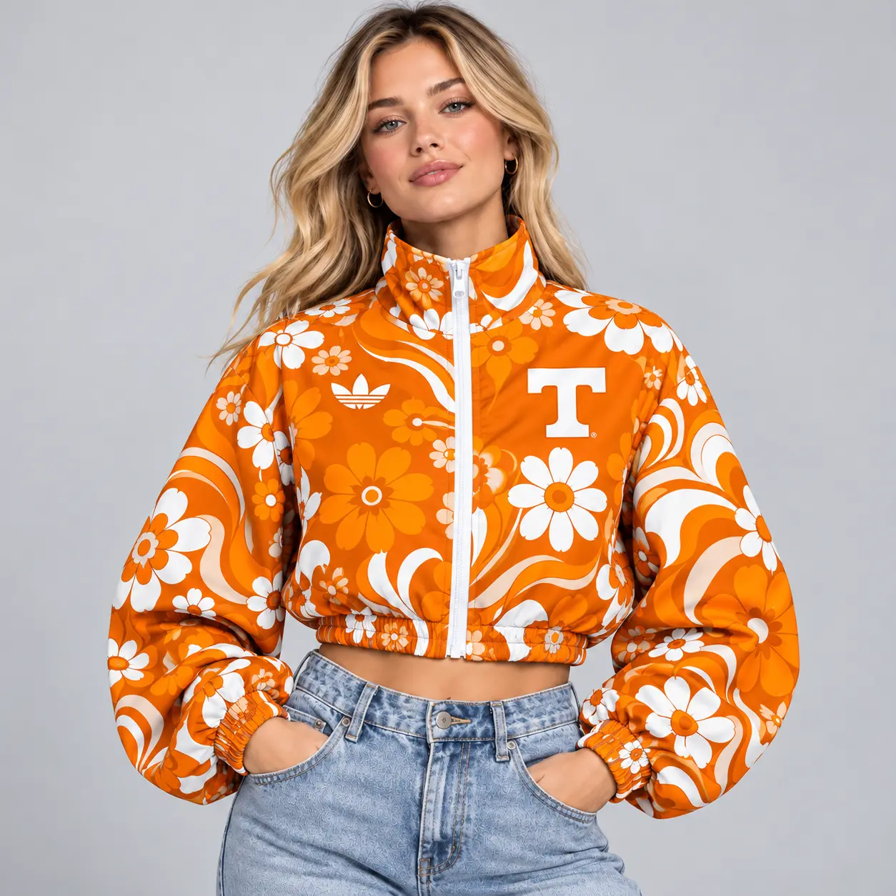 Tennessee Volunteers | Premium NCAA Women's Retro Floral Print Zip Up Cropped Windbreaker Jacket Long Sleeve Casual Fashion NDN
