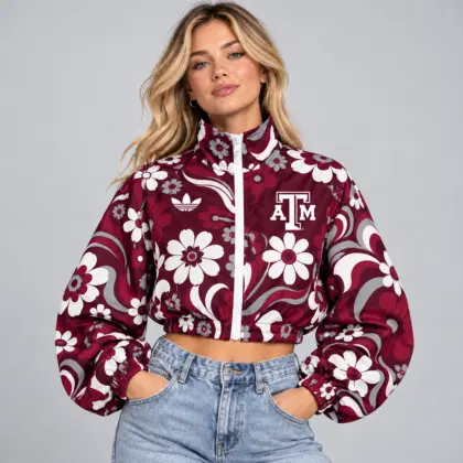 Texas A&amp;m Aggies | Premium NCAA Women's Retro Floral Print Zip Up Cropped Windbreaker Jacket Long Sleeve Casual Fashion NDN