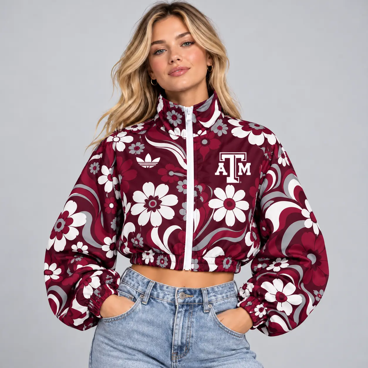 Texas A&m Aggies | Premium NCAA Women's Retro Floral Print Zip Up Cropped Windbreaker Jacket Long Sleeve Casual Fashion NDN