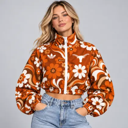 Texas Longhorns | Premium NCAA Women's Retro Floral Print Zip Up Cropped Windbreaker Jacket Long Sleeve Casual Fashion NDN