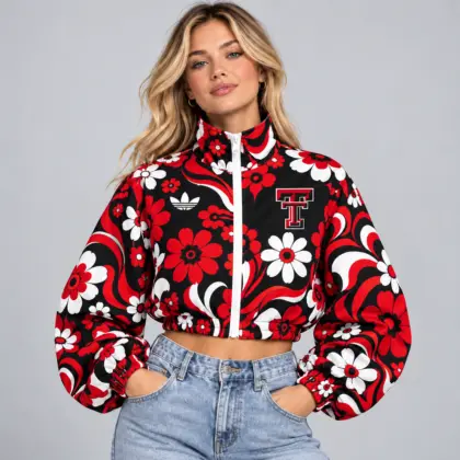 Texas Tech Red Raiders | Premium NCAA Women's Retro Floral Print Zip Up Cropped Windbreaker Jacket Long Sleeve Casual Fashion NDN