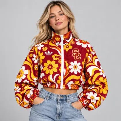 Usc Trojans | Premium NCAA Women's Retro Floral Print Zip Up Cropped Windbreaker Jacket Long Sleeve Casual Fashion NDN