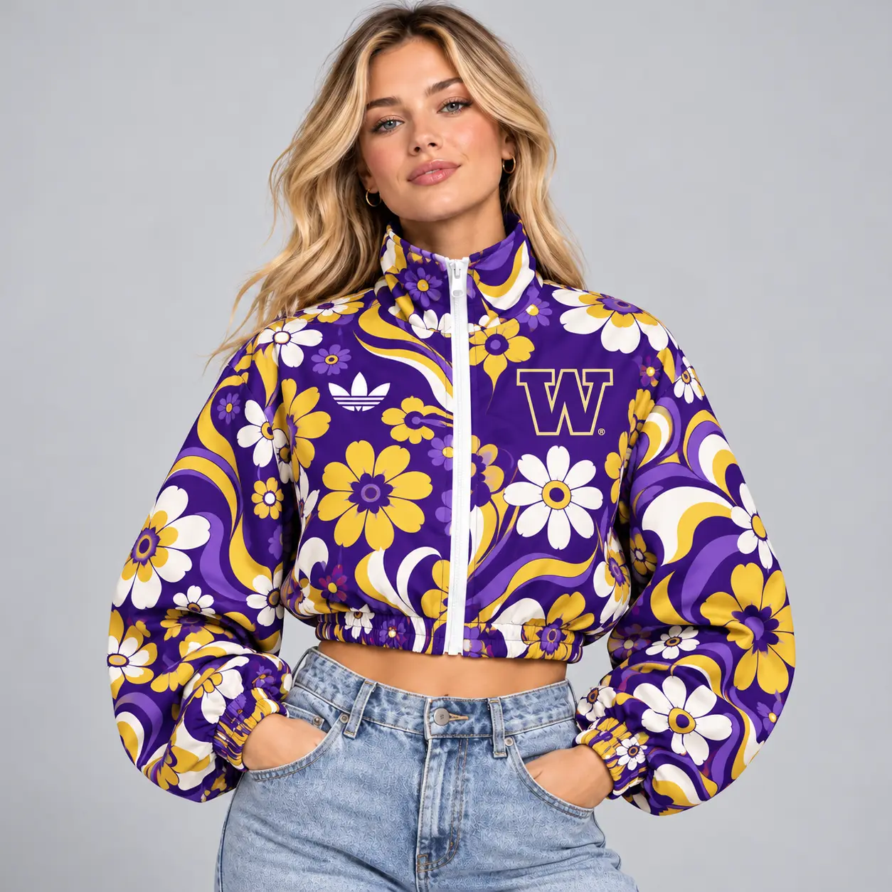 Washington Huskies | Premium NCAA Women's Retro Floral Print Zip Up Cropped Windbreaker Jacket Long Sleeve Casual Fashion NDN