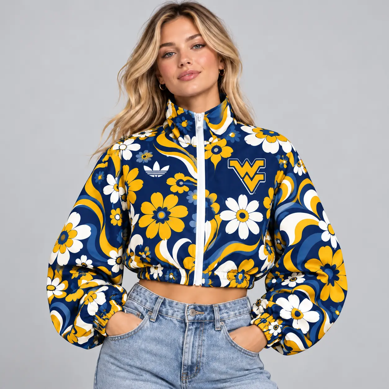 West Virginia Mountaineers | Premium NCAA Women's Retro Floral Print Zip Up Cropped Windbreaker Jacket Long Sleeve Casual Fashion NDN