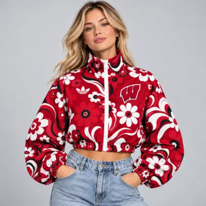 Wisconsin Badgers | Premium NCAA Women's Retro Floral Print Zip Up Cropped Windbreaker Jacket Long Sleeve Casual Fashion NDN