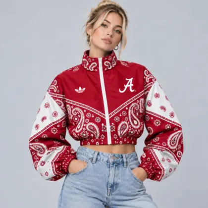 Alabama Crimson Tide | Premium NCAA Women's Vintage Paisley Bandana Print Full Zip Cropped Bomber Jacket NDN