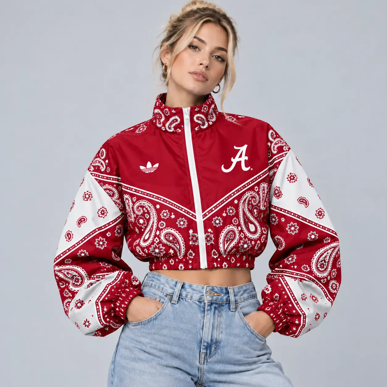Alabama Crimson Tide | Premium NCAA Women's Vintage Paisley Bandana Print Full Zip Cropped Bomber Jacket NDN