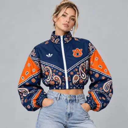 Auburn Tigers | Premium NCAA Women's Vintage Paisley Bandana Print Full Zip Cropped Bomber Jacket NDN