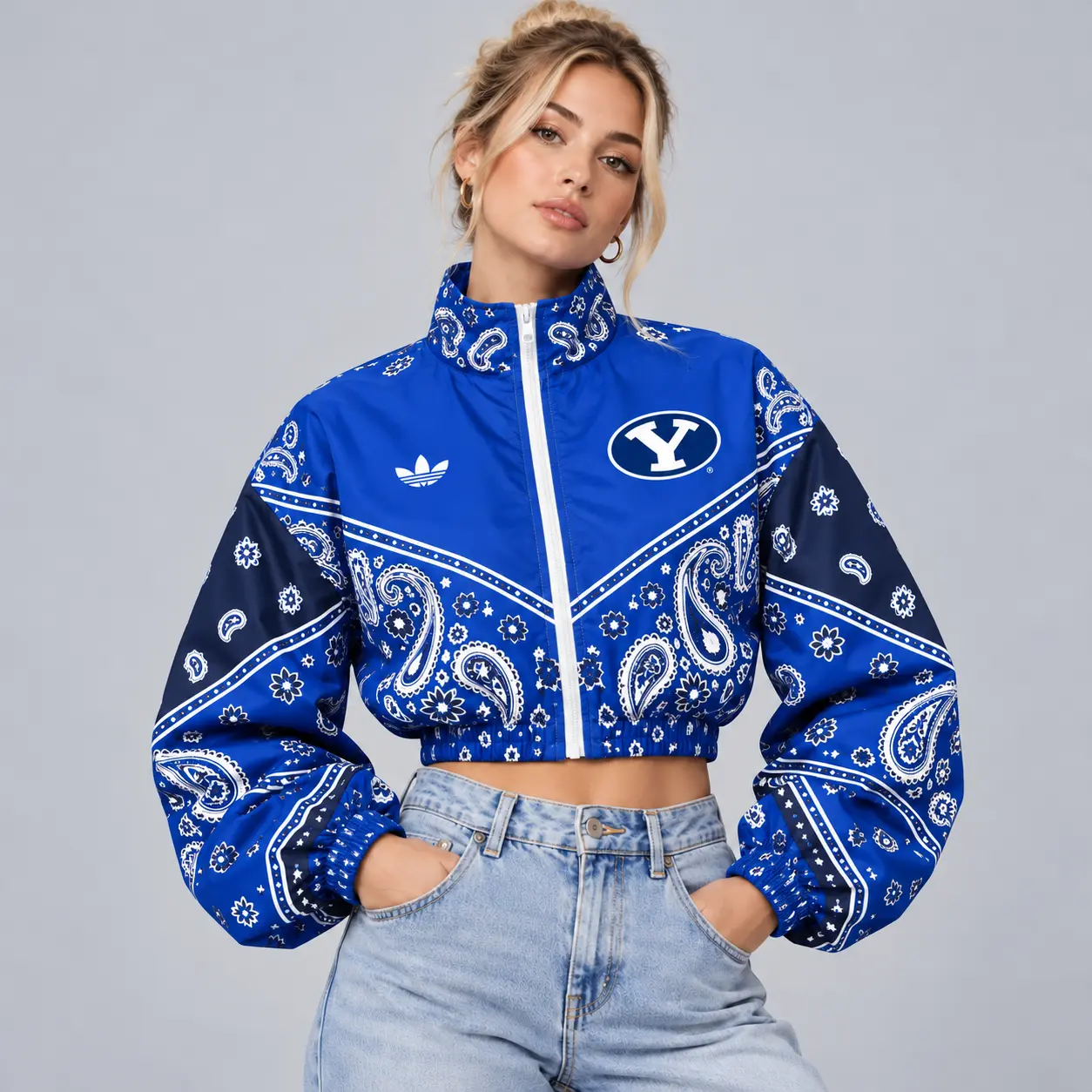 Byu Cougars | Premium NCAA Women's Vintage Paisley Bandana Print Full Zip Cropped Bomber Jacket NDN