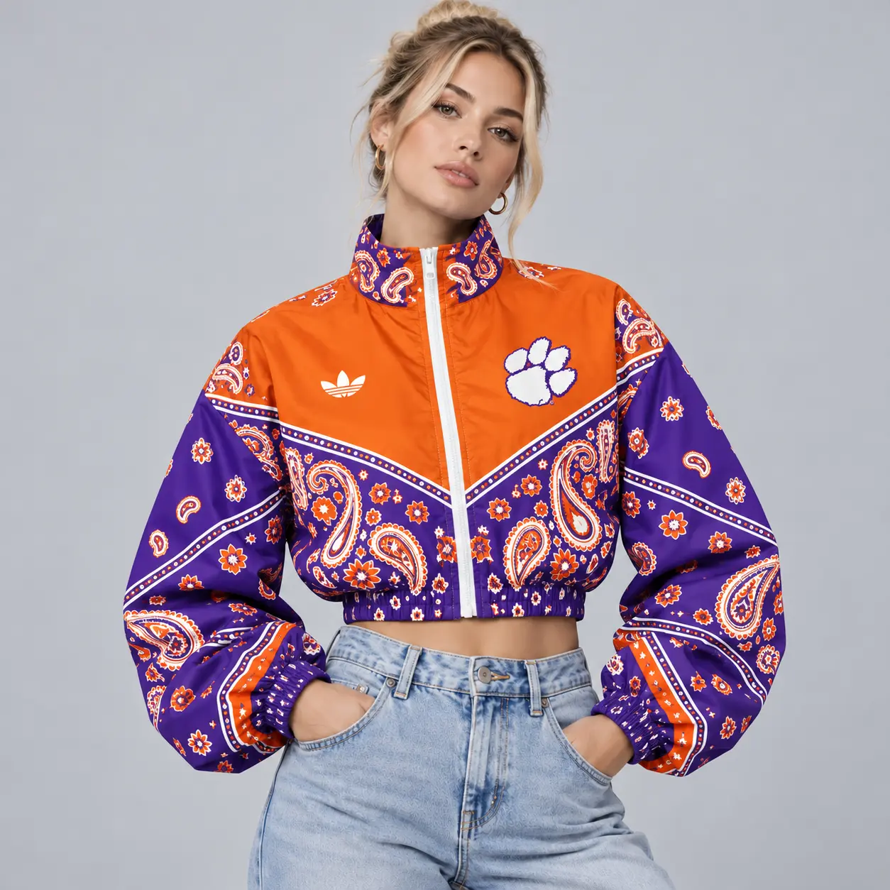 Clemson Tigers | Premium NCAA Women's Vintage Paisley Bandana Print Full Zip Cropped Bomber Jacket NDN